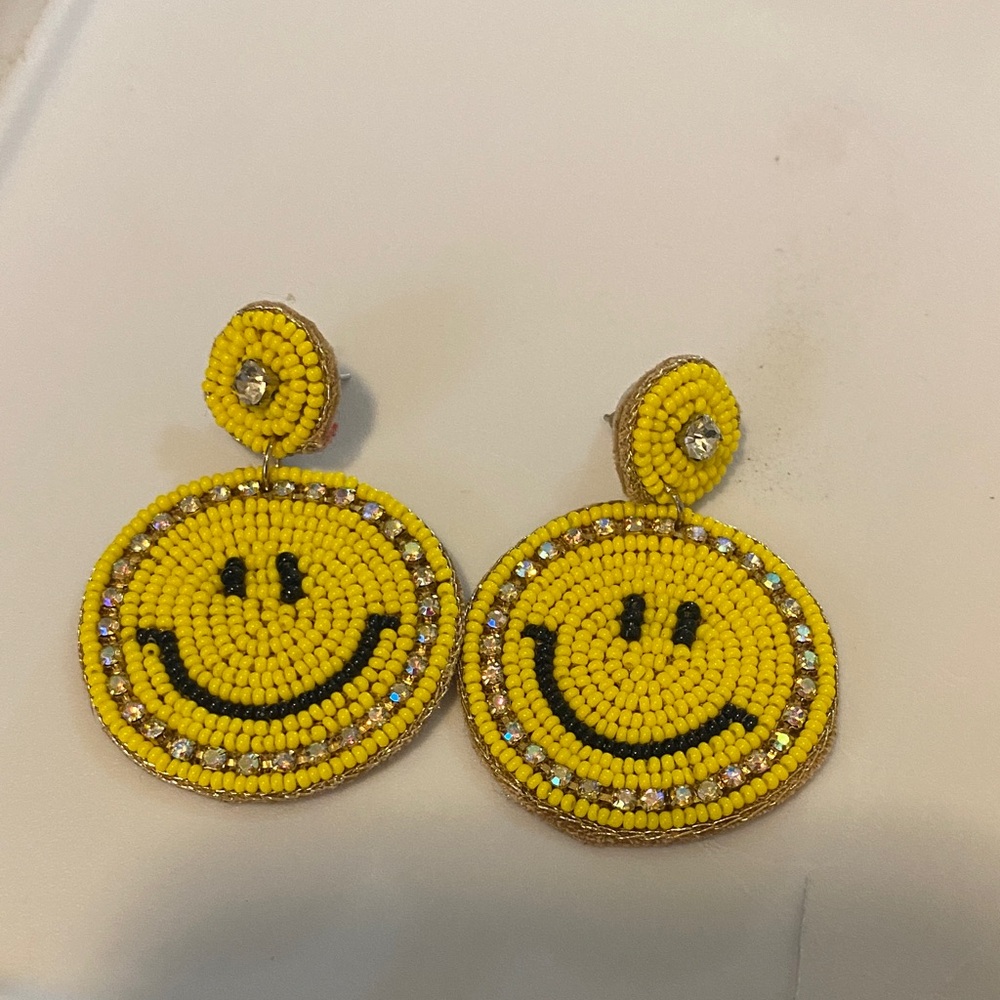 Yellow Beaded Smiley Face Drop Earrings